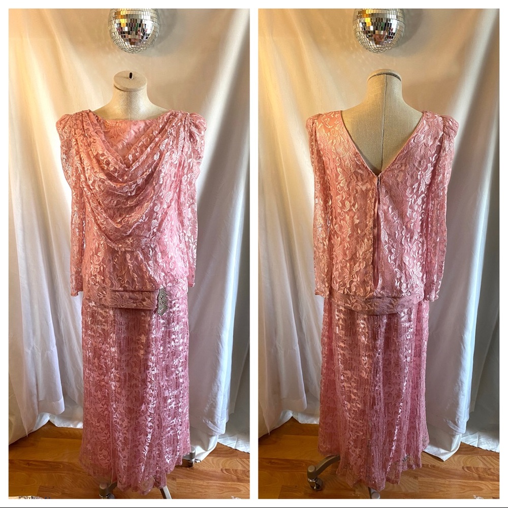 Vintage 80’s does 20’s Drop Waist Lace Dress Pink